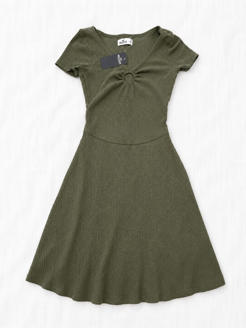 Hollister Olive Green Ribbed Knit Ring-Front Fit & Flare Dress